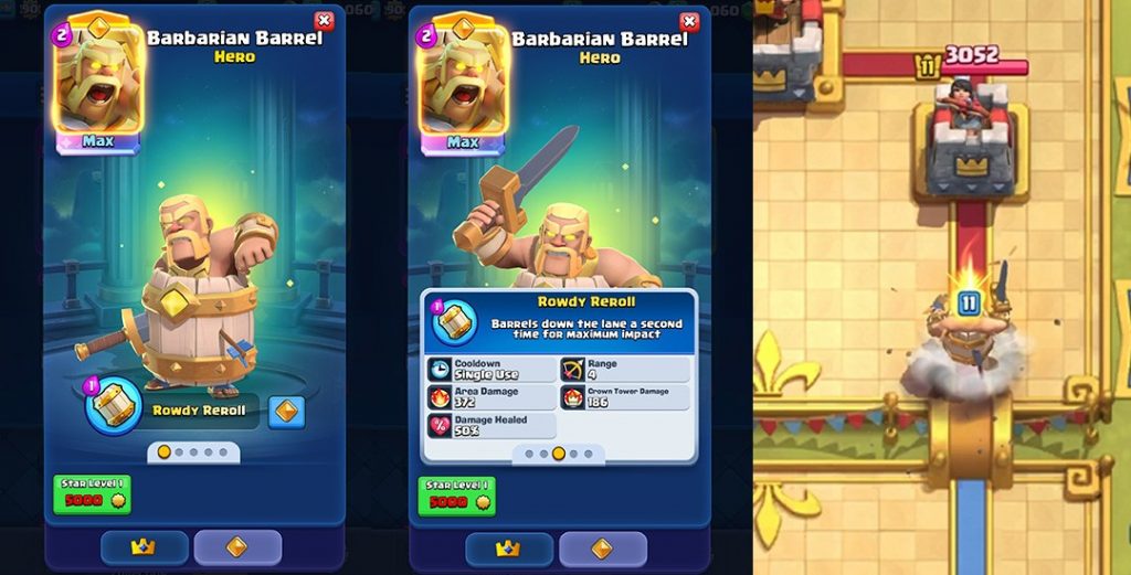 Atributos do Barril de Bárbaro Herói e habilidade "Maior RPM" Atributos do Barril de Bárbaro Herói no Clash Royale