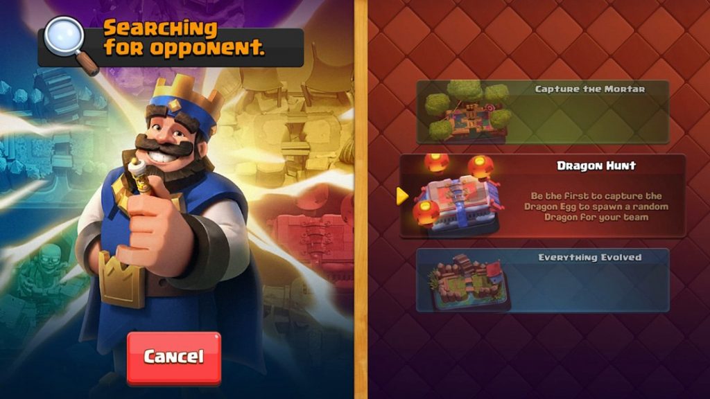 Roda de Modos Aleatórios na TV Royale do Clash Royale Roda girando para selecionar modo de jogo aleatório