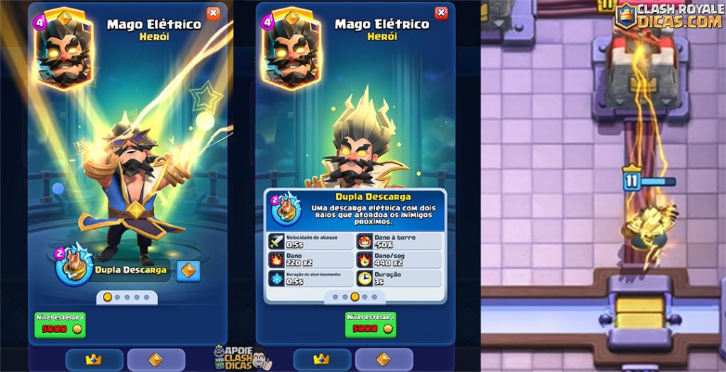 Atributos e habilidade do Mago Elétrico Heroico Atributos e habilidade Dupla Descarga do Mago Elétrico Heroico no Clash Royale