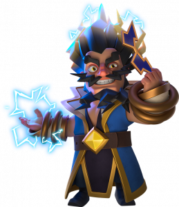 Mago Elétrico Heroico no Clash Royale Mago Elétrico Heroico com olhos brilhando e cabelos eletrizados no Clash Royale