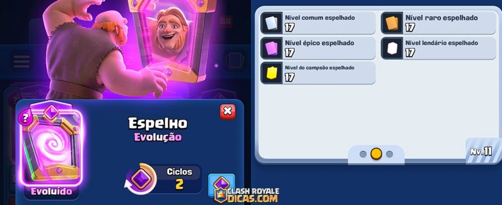 Espelho Evoluído: atributos, habilidade e 2 ciclos de Evolução Painel de atributos e descrição da habilidade do Espelho Evoluído no Clash Royale